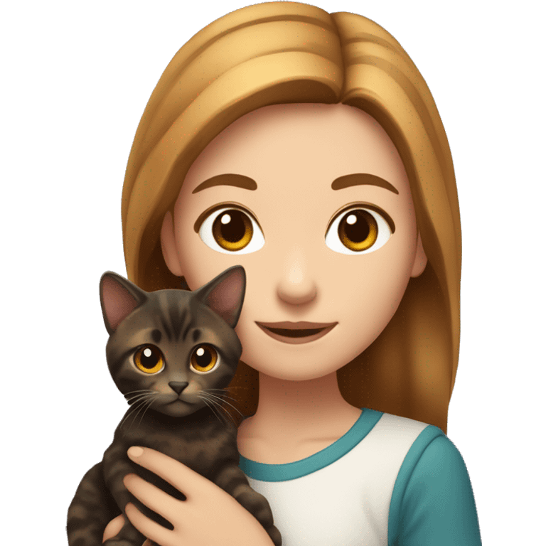 girl with light brown hair holding a dark tortoiseshell kitten  emoji