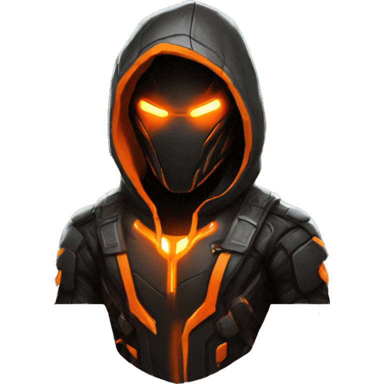  developer behind his laptop with this style : crysis Cyberpunk Valorant orange glowing bright orange character orange black hooded assassin themed character emoji