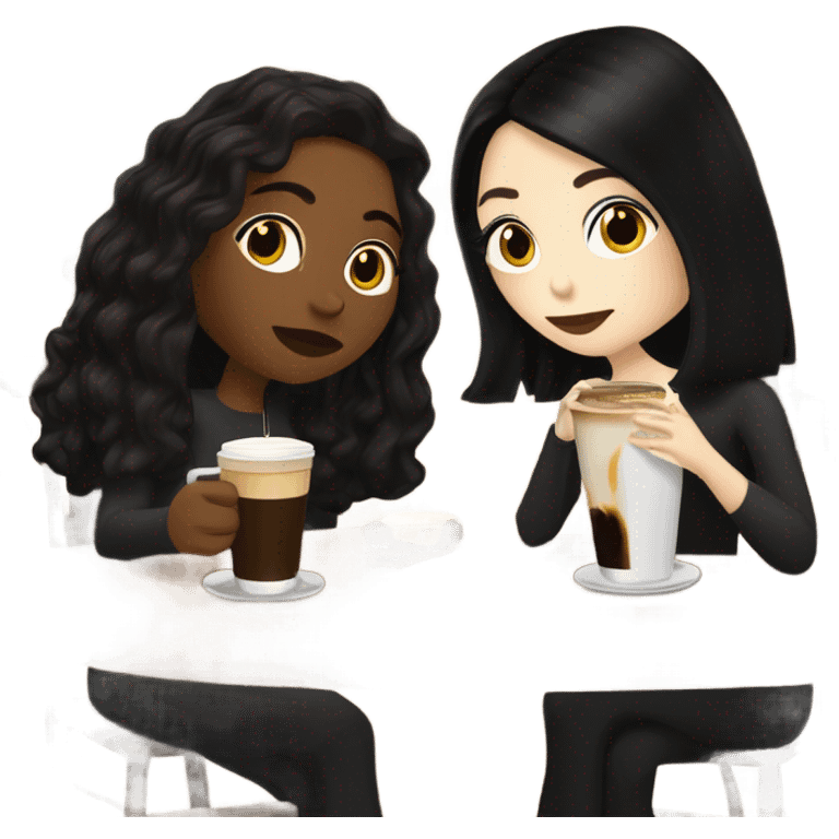 puerto rican woman light skin with shoulder-length, wavy, brown hair drinking latte with Italian goth woman with black, straight hair drinking espresso at table emoji