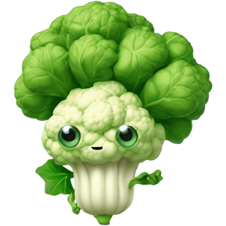 3D cauliflower character with big eyes 👀, a few green leaves 🍃, and leafy hands holding a small mirror 🪞 while gazing into it.  emoji