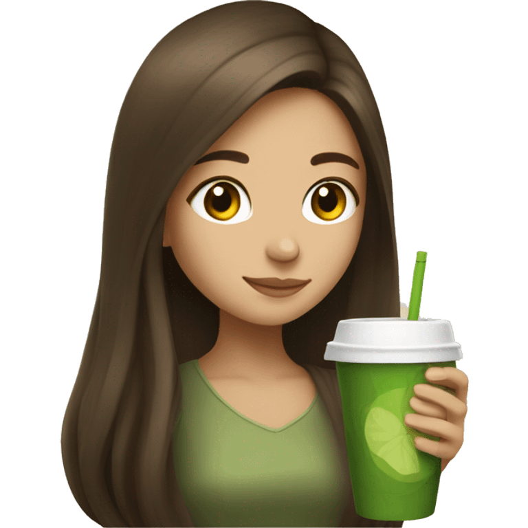 Girl with long brown hair drinking matcha emoji