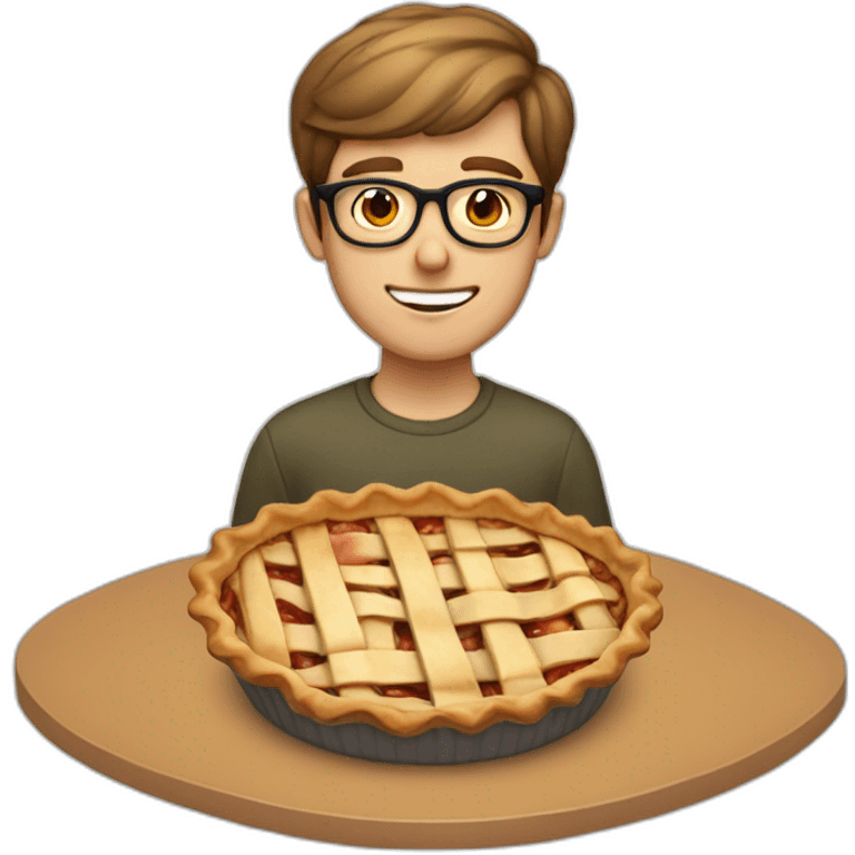 Short light brown hair guy wearing glasses eatings an apple pie emoji