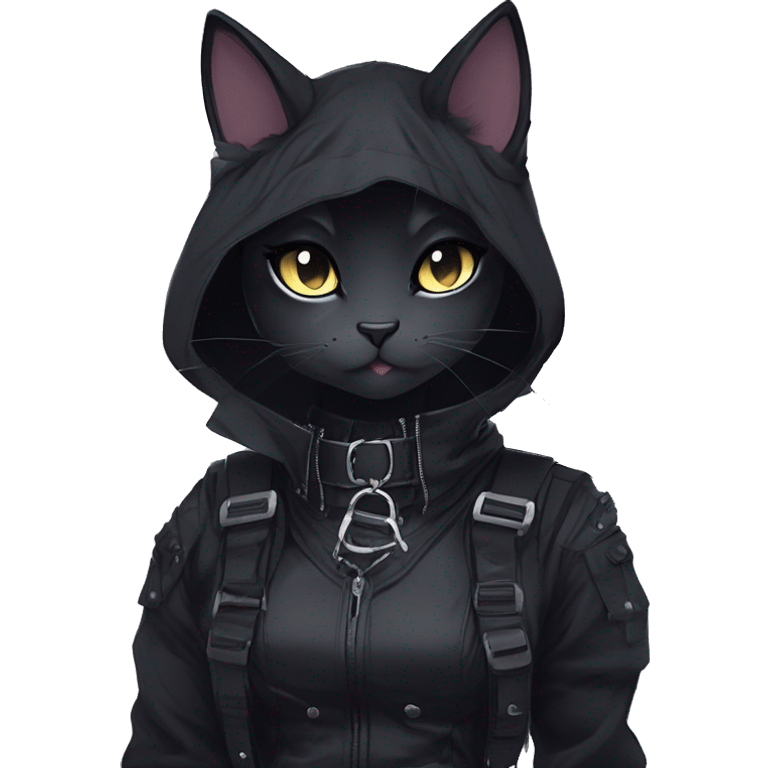 Gorgeous gothic dark techwear anime style anthro cat with blushing face aesthetic and pretty edgy black with collar and harness trending style emoji