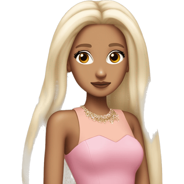 ariana grande, blonde hair, bleached eyebrows, wearing a pink fashion dress emoji