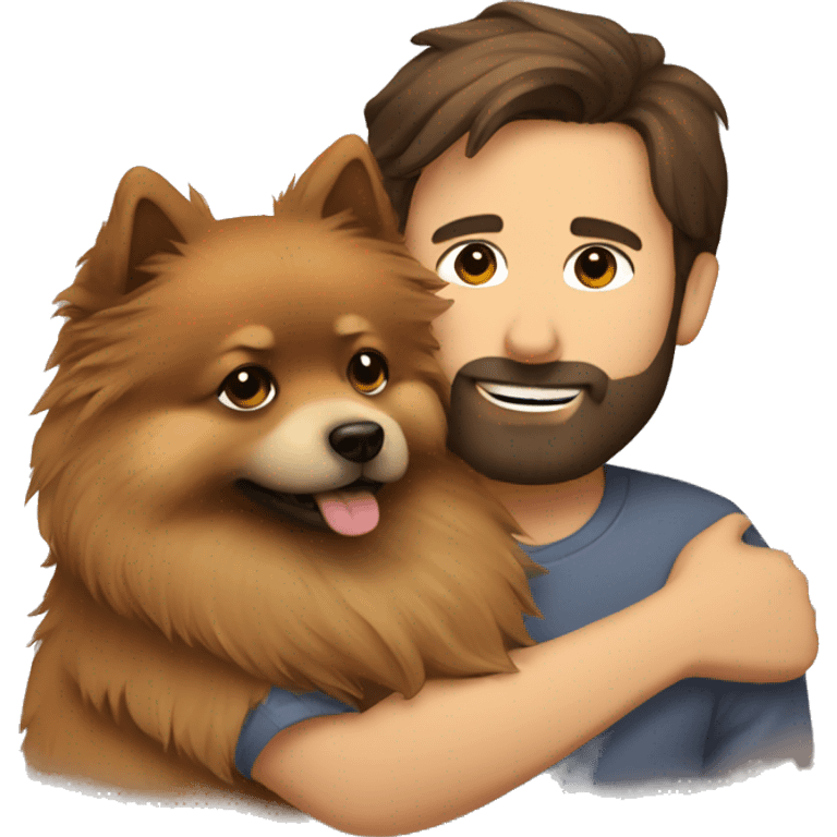 Bearded man brown hair hugging pomeranian emoji