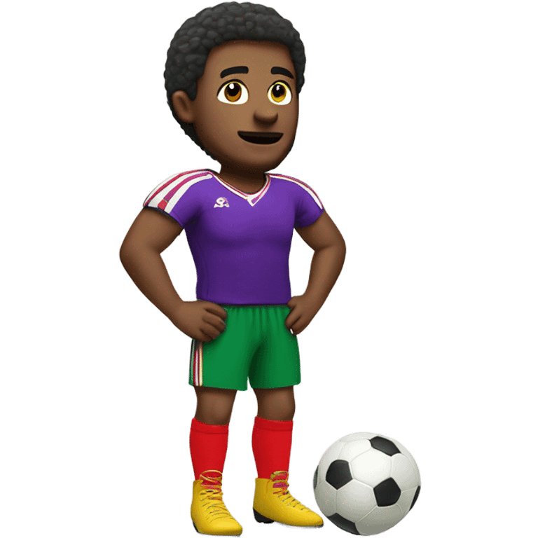 Football player with red shirt yellow shorts green socks and purple boots  emoji