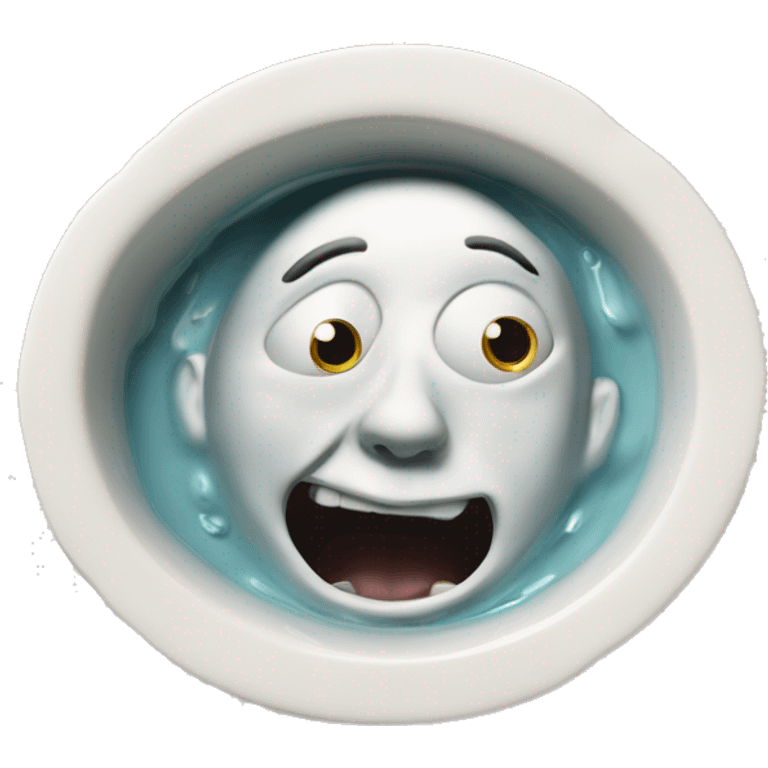 A head emerges from a porcelain basin, with expressive eyes and a lively mouth, creating a humorous and surreal image. emoji