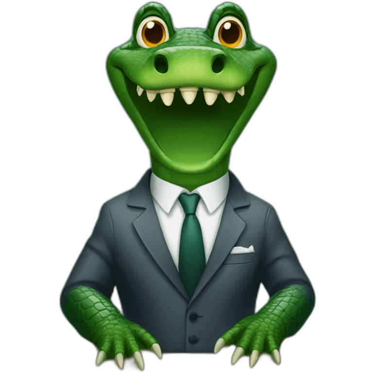 An alligator wearing a suit sitting on a table looking straight emoji