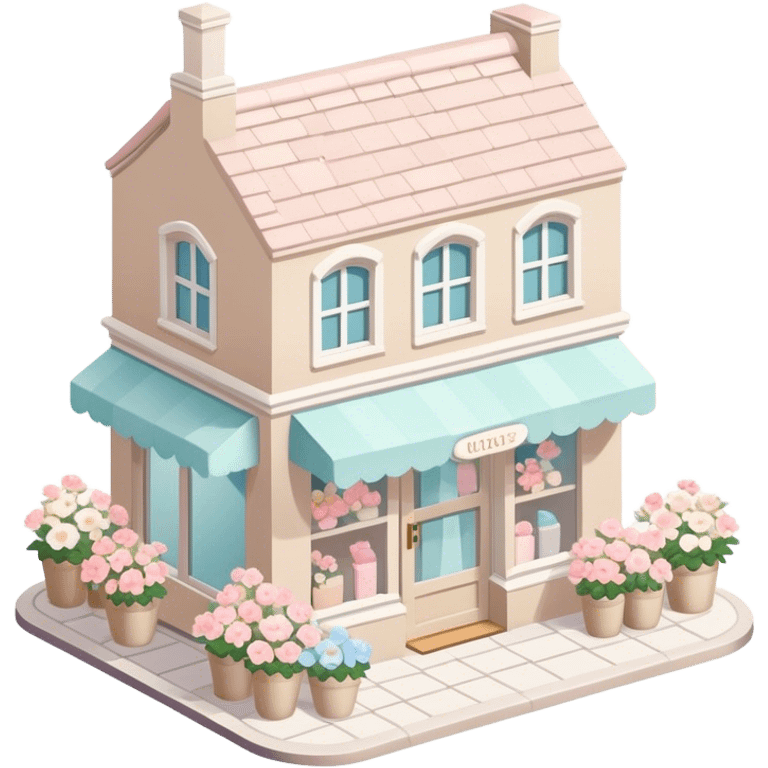 isometric exterior little beige and white shop with abundant pastel florals everywhere emoji