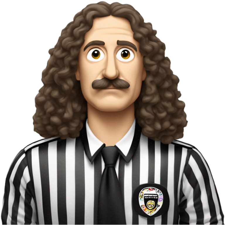 Weird Al Yankovic wearing a referee shirt and has a mustache, no wrinkles on face emoji