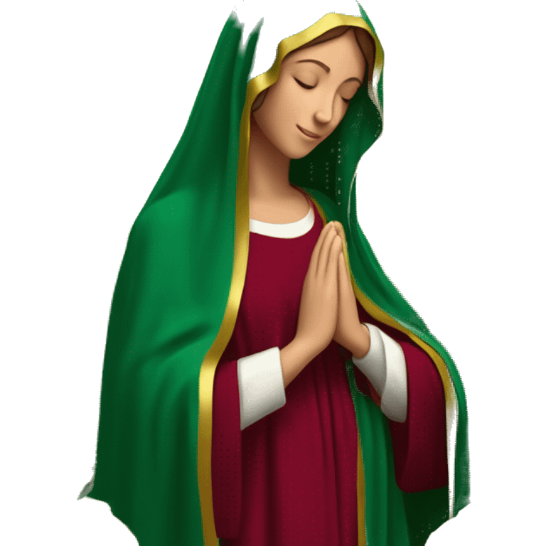 Virgin Mary: kind face looking down at the left, long brown hair, Wearing an emerald green  robe with gold stars and a burgundy red dress,  Hands in prayer or blessing. Halo around her head. standing in front of a big sun. colorful roses on the sides  emoji