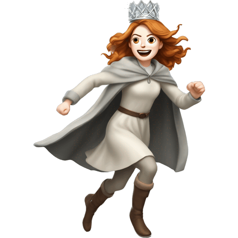 Emma Stone running, with a large stride and arms outstretched, wearing an icicle Crown and Winter Cloak emoji