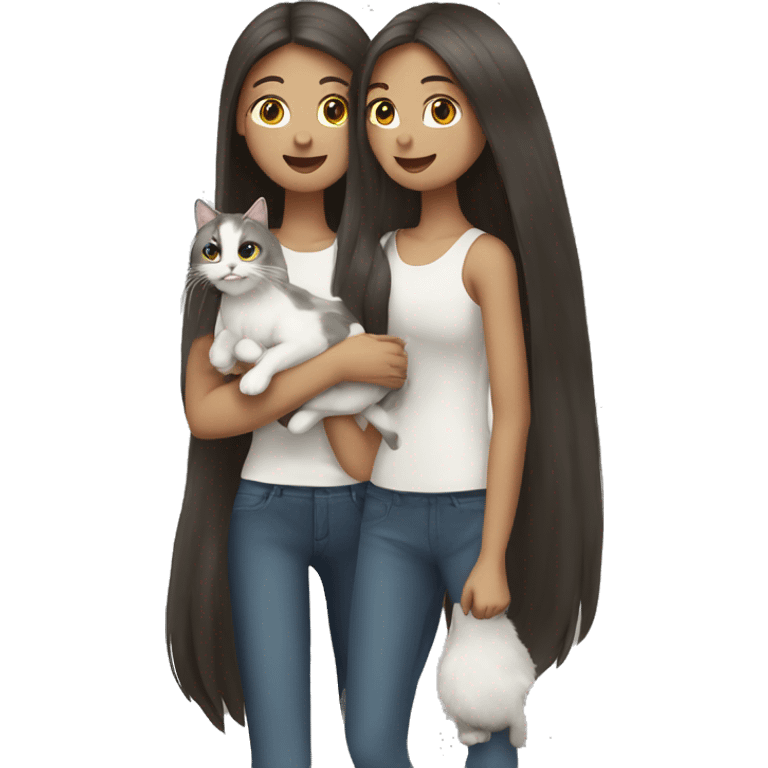 Two long hair girls with white skin and two cats in hands emoji