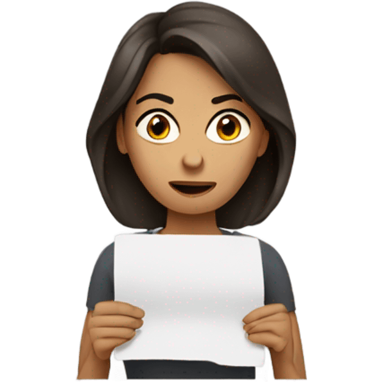 frustrated brunet woman with a paper on hands emoji