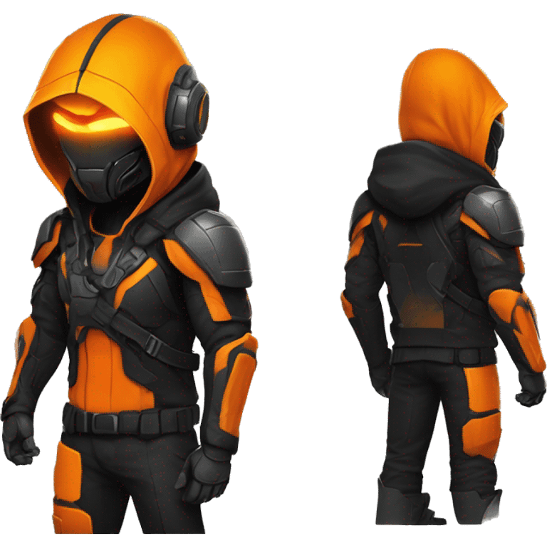  developer behind his laptop with this style : crysis Cyberpunk Valorant orange glowing bright orange character orange black hooded assassin themed character emoji