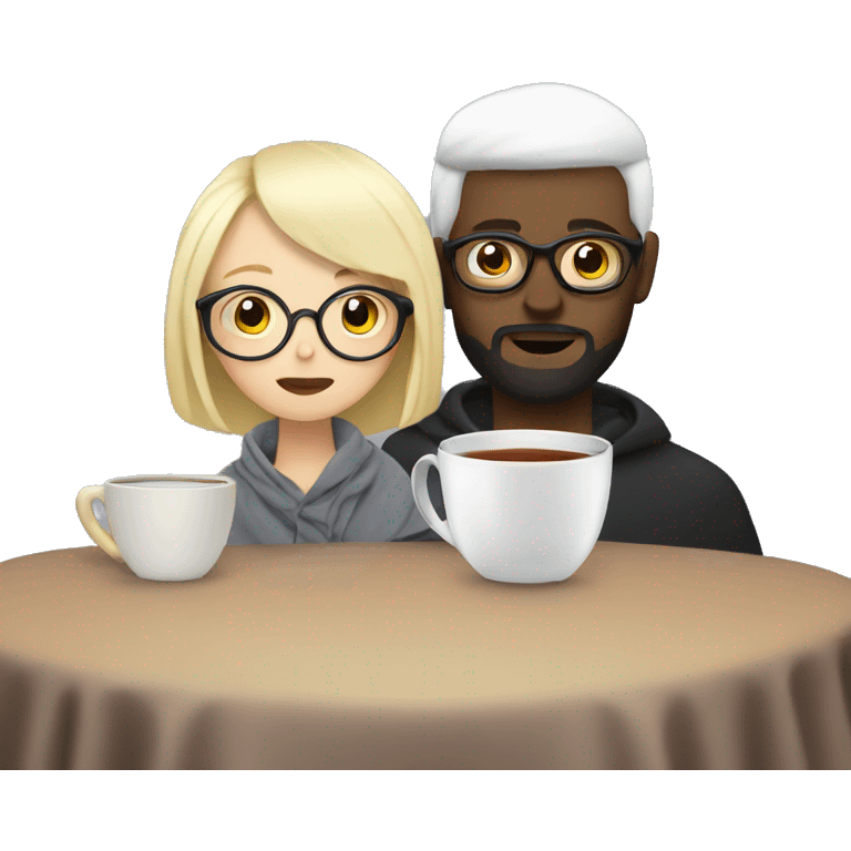 Pale blonde girl wearing glasses and bearded black short hair man drinking tea under blanket emoji