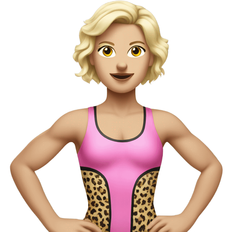 Tall blonde Caucasian woman wrestler wearing a pink leopard print leotard blowing a kiss emoji