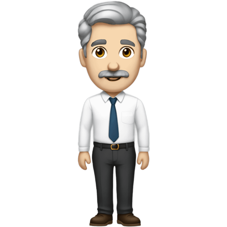  man with blue eyes, dark grey hair, a thick brown-grey mustache, wearing a white shirt, black dress pants, beige loafers, and an expensive watch emoji