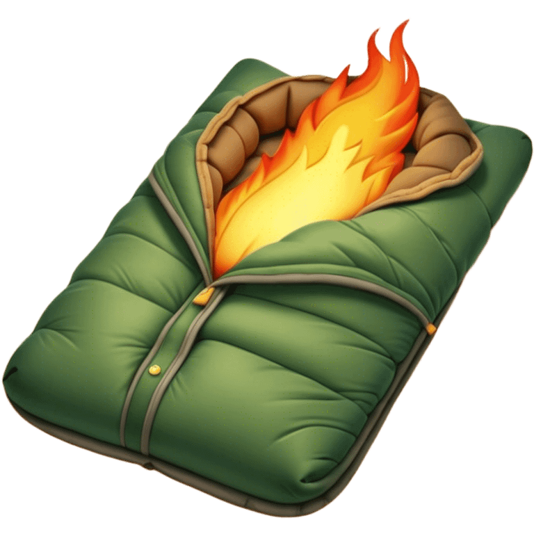 Cinematic Realistic Sleeping Bag, plush and slightly wrinkled, rich fabric texture catching the firelight, glowing with warmth and inviting coziness, nestled within a peaceful campsite. emoji