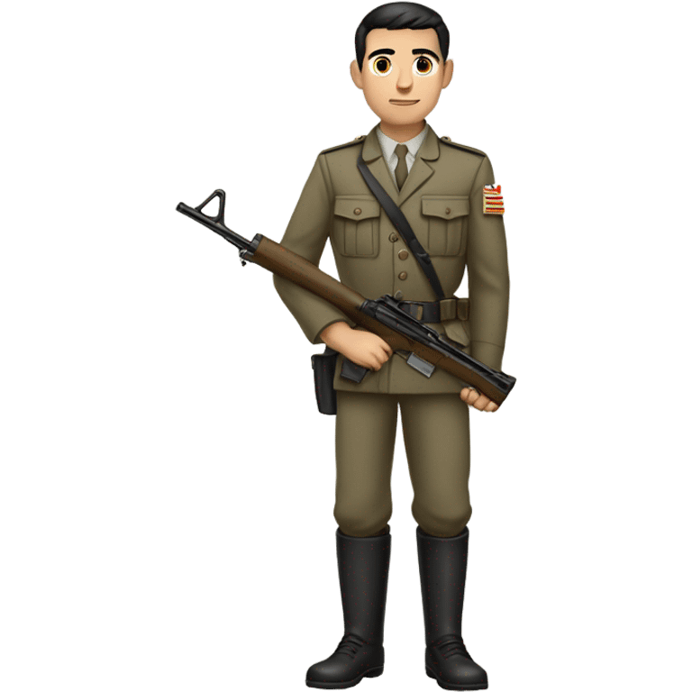 "A young man with short-cropped dark hair, a sharp jawline, and a smug expression. He wears a clean, neutral military uniform, holds a rifle, and stands confidently in a field." emoji