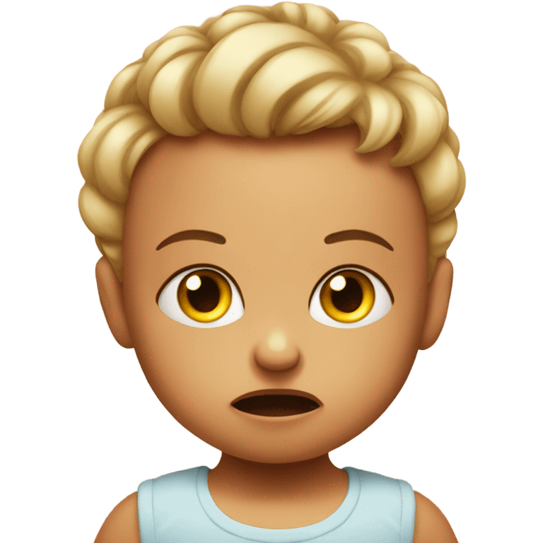 A baby is looking to his mom with an mad looks emoji