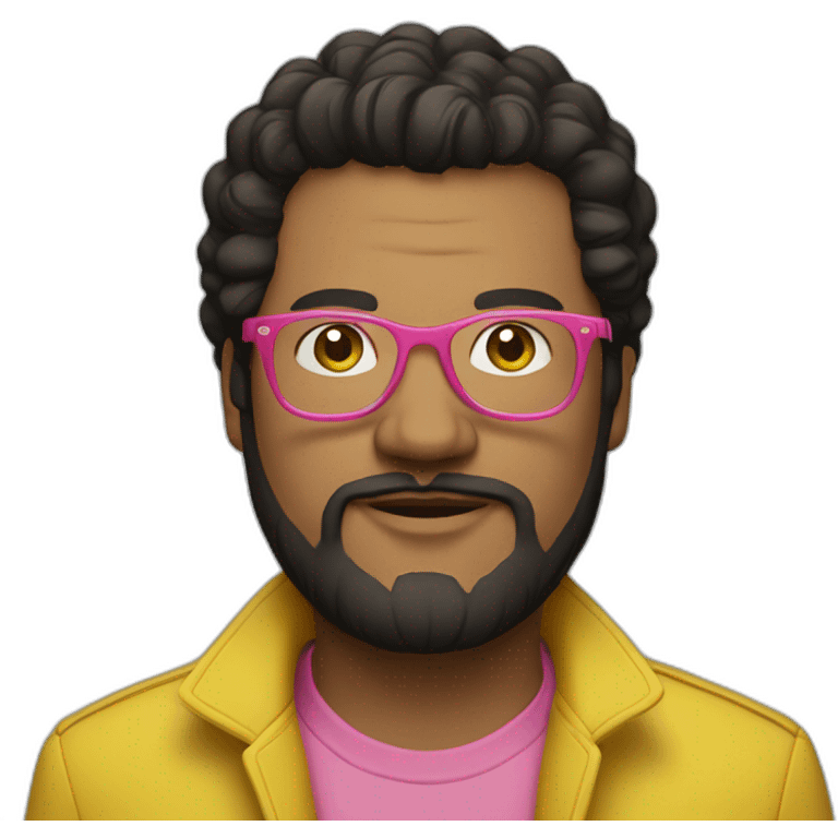 plus-sized man with dark hair, yellow long jacket, pink glasses emoji