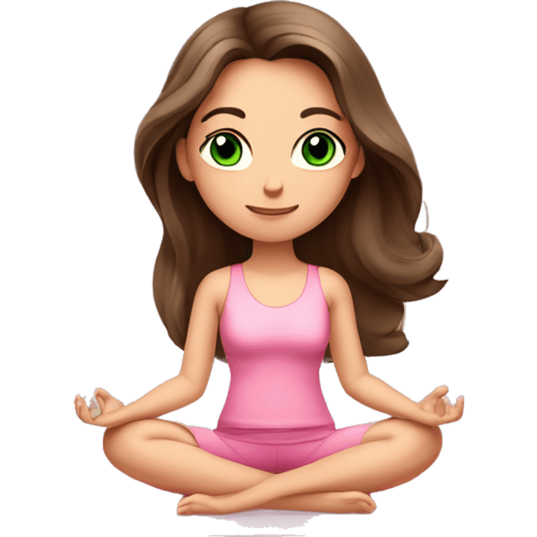 Brunette long hair and green eyes yoga beautiful girl in light pink pink pink clothes sitting on a yoga mat emoji