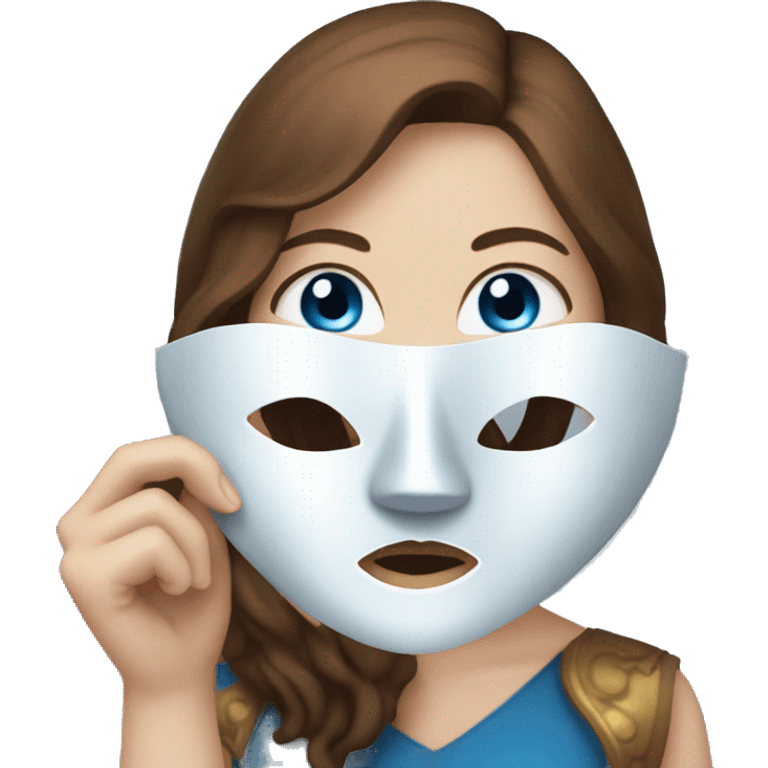 A girl with blue eyes, white skin and brown hair, holding a theater mask in her hand emoji