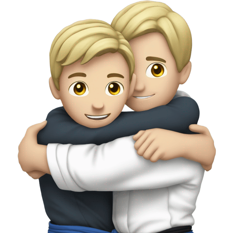 One jiujitsu boy hugging another jiujitsu boy from behind both fair skinned emoji