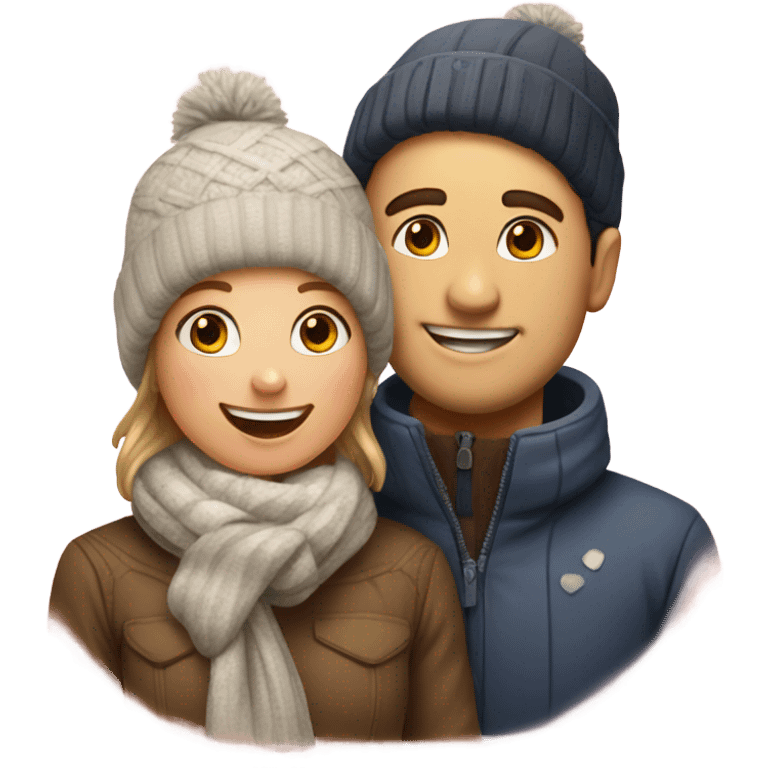 happy couple in winter outfits hearts emoji