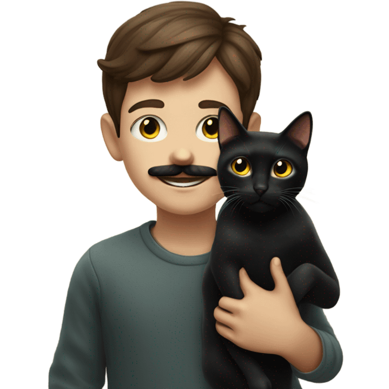 boy with amazing moustache with black cat indoors emoji