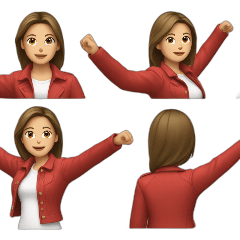 Young woman wearing a white shirt and a red jacket, both hands up emoji