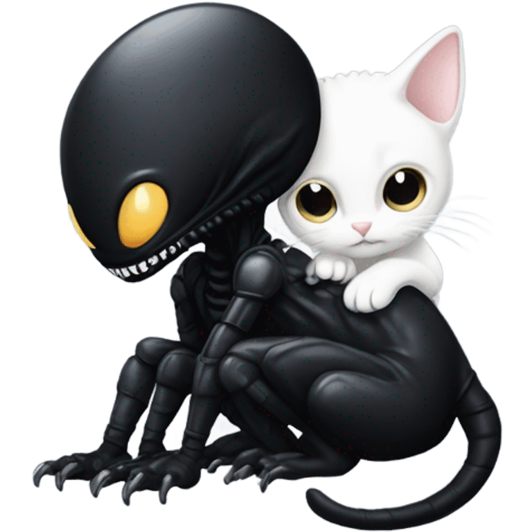 black Xenomorph hugs a white cat emoji