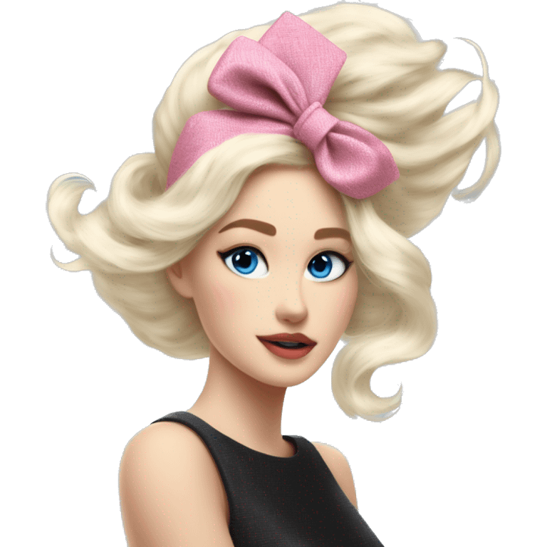 a beautiful young woman with platinum blonde hair, ocean-blue eyes, and a chanel pink tweed with chanel headband, exudes allure as she combs her hair gracefully in the wind. emoji