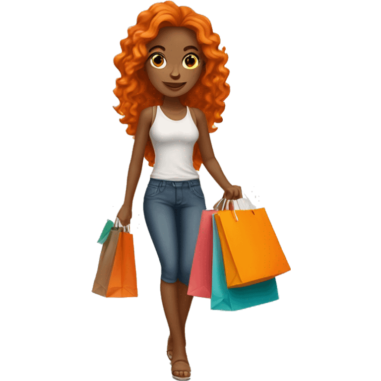 Tan girl with long wavy orange hair holding shopping bags emoji