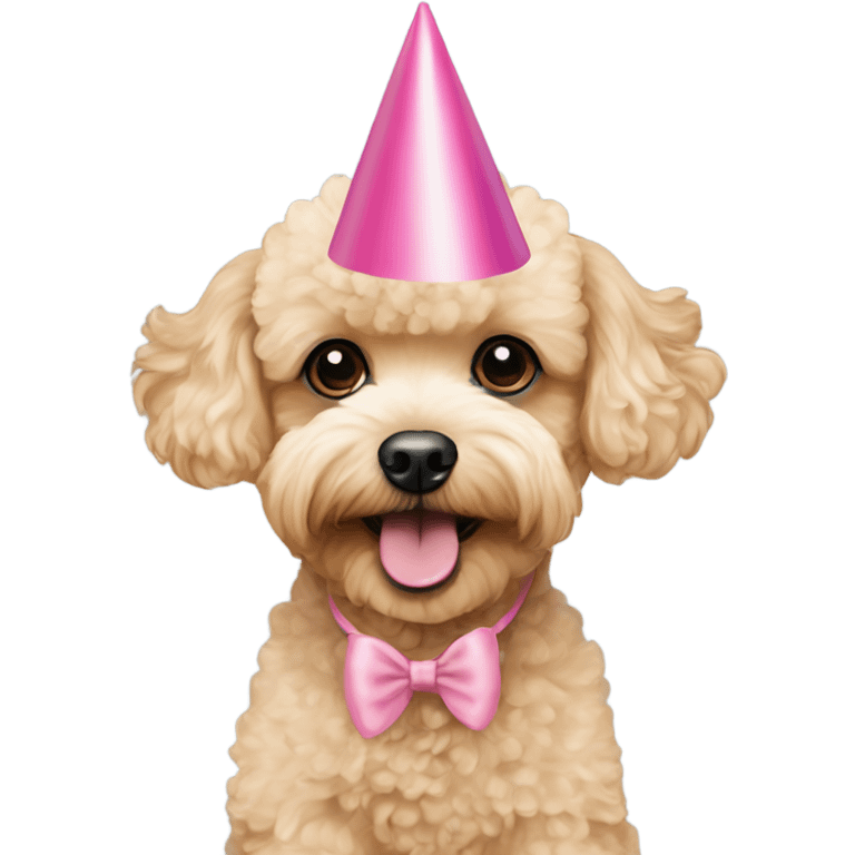 Blonde toypoodle maltipoo with pink birthdayhat emoji