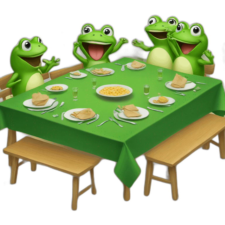 Frogs cheering around a table emoji