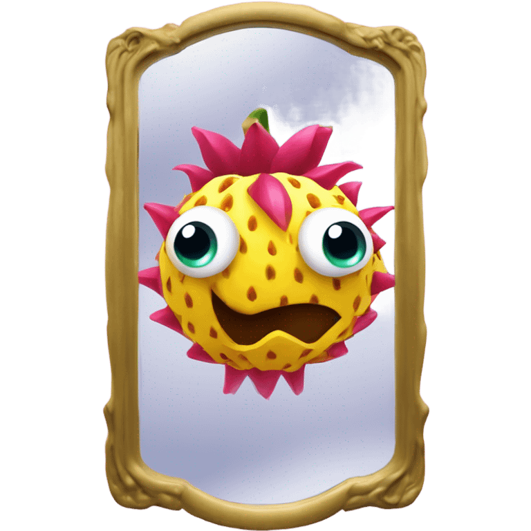 3D elegant Pitahaya with large shiny eyes 👀 one hand holds the mirror with its reflection 🪞 emoji