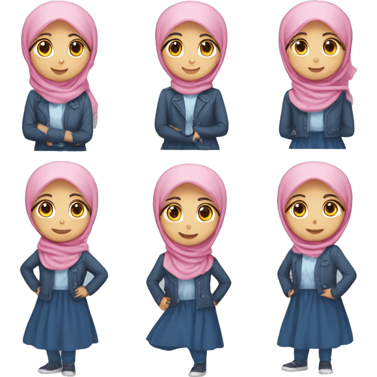 Girl with pink hijab and there a lace in hijab, wear uniform blue dress and the outer is long vest with checkered motif color pink and blue  emoji