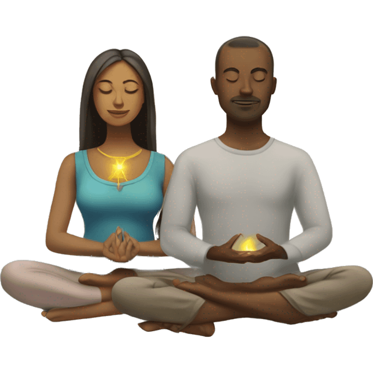 Man and woman couple with 7 chakra symbols meditating emoji