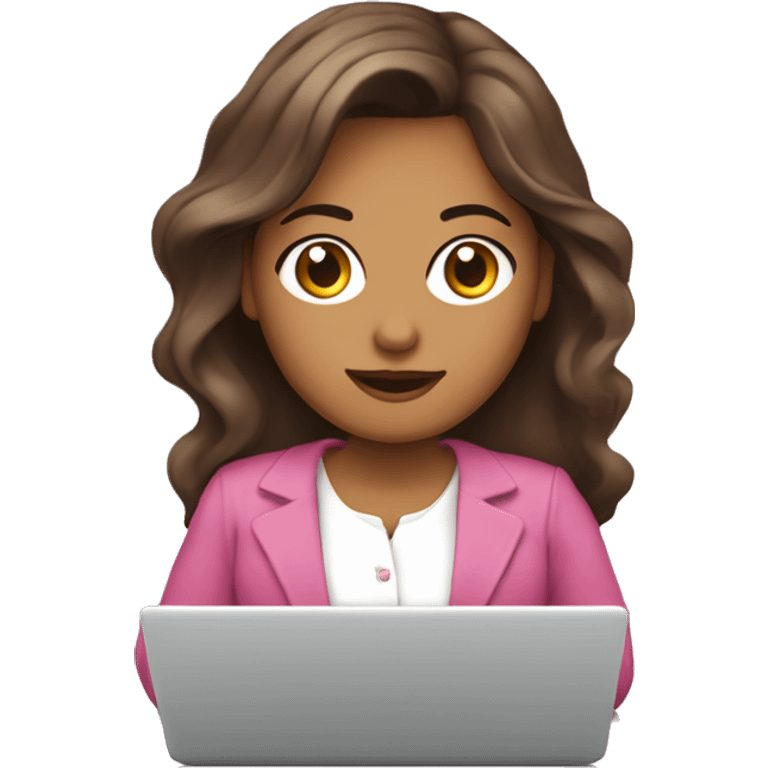 mujer cabello castaño, piel blanca, con ojos grandes cafe, con una laptop y camisa de color rosa. emoji