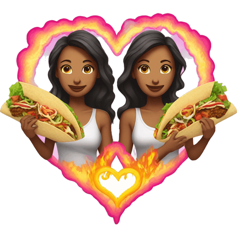 two women eating tacos, riding a unicorn surrounded, a neon heart that’s on fire emoji