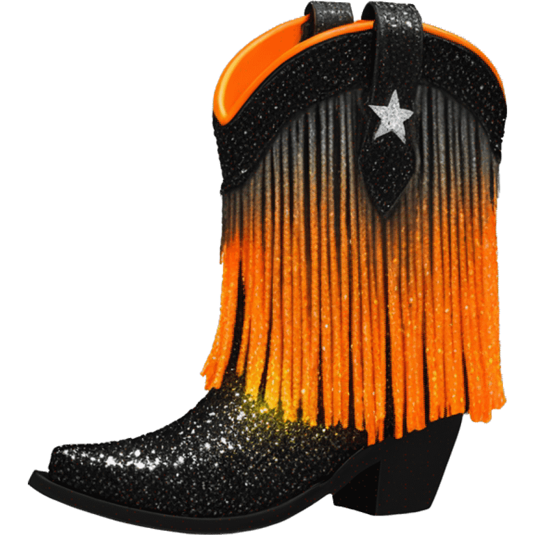 Realistic short neon Orange to black ombre fashion cowgirl boot with sparkly shiny glitter fringe on them. emoji