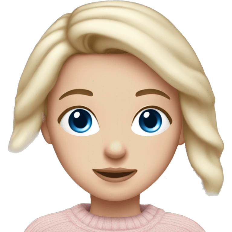 White girl with dark blonde hair and blue eyes wearing pale pink sweater emoji