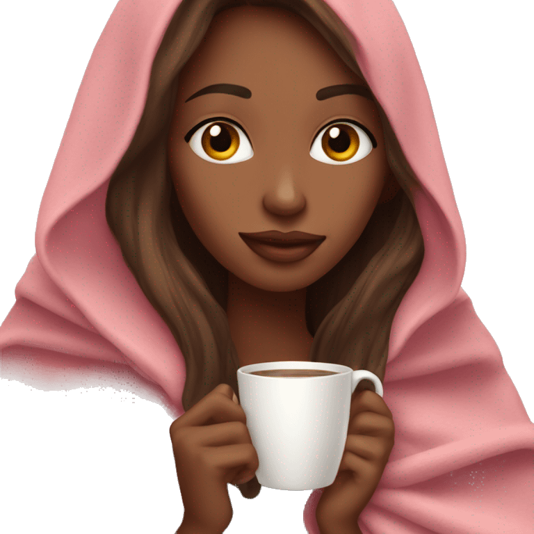 very long brown skin hair pretty girl in a pink blanket sipping coffee emoji