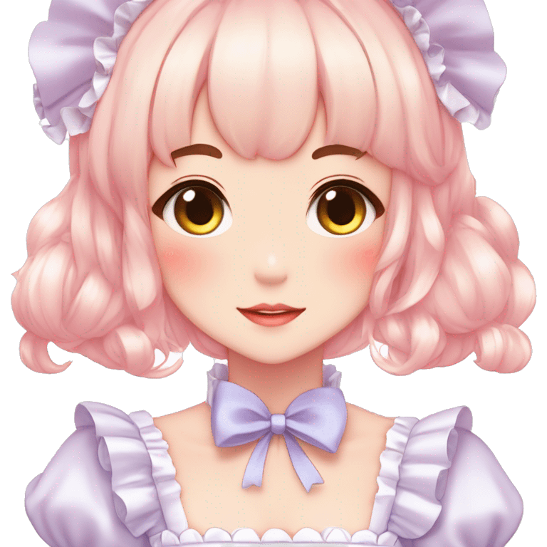 Gorgeous anime style lady blushing face maid outfit Lolita idol model colorful shiny sparkle kawaii pastelcore cottagecore pearly petite simplistic aesthetic trending style emoji