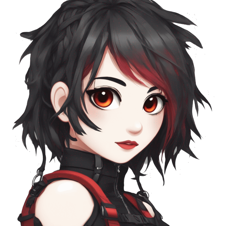 Gorgeous dark gothic techwear anime style lady with blushing face aesthetic and pretty edgy black red punk messy wild cute hair with collar and harness trending style emoji