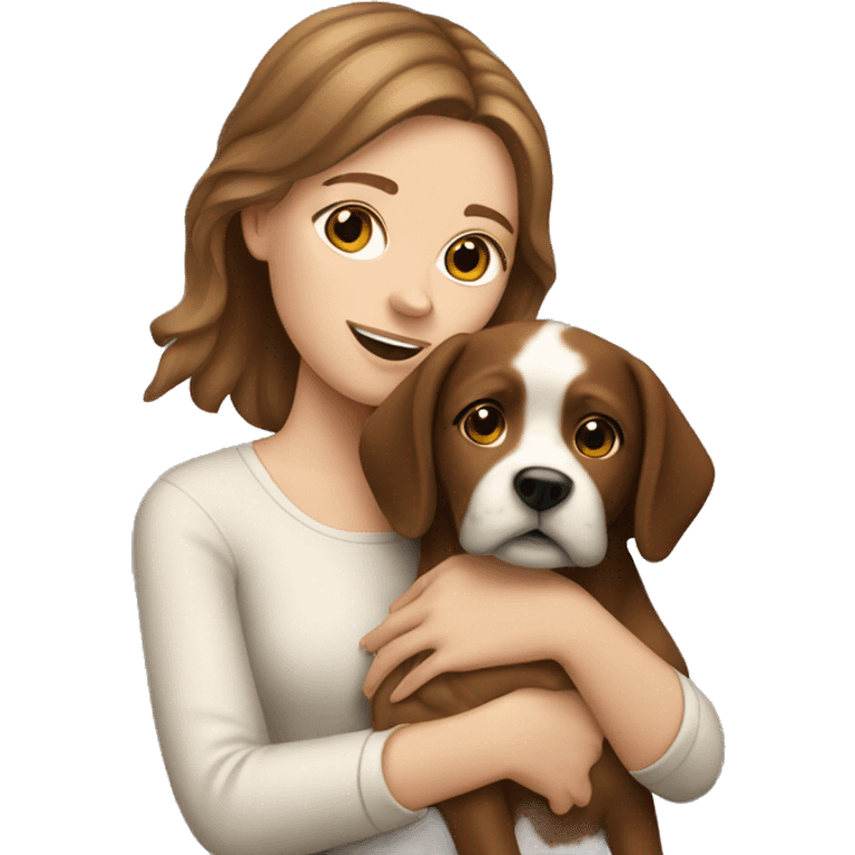 White girl with brown hair holding dog emoji