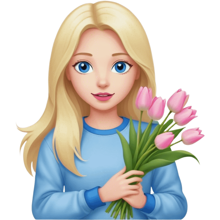 Cinematic realistic blonde with long hair, blue eyes and pink lips, dressed in jeans and a white sweatshirt, holding a bouquet of tulips in her hands emoji