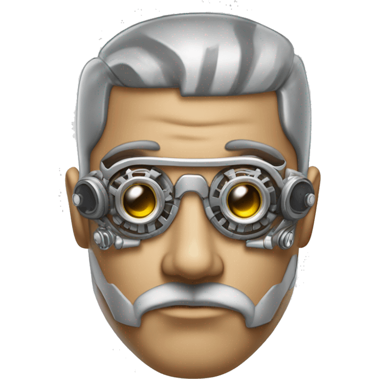 Tan shaved male Latino cyborg head with grey beard, silver steampunk monocle goggles and circuits emoji